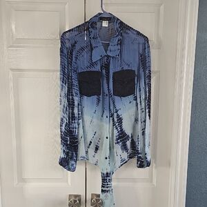 VENUS Retro Tie-Dye Button Collared Tie Hem Long Sleeve Blouse Lace Pockets Med